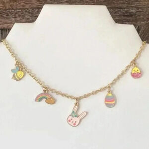 Easter Bunny Rainbow Egg Chick Pastel Gold Tone Choker Necklace